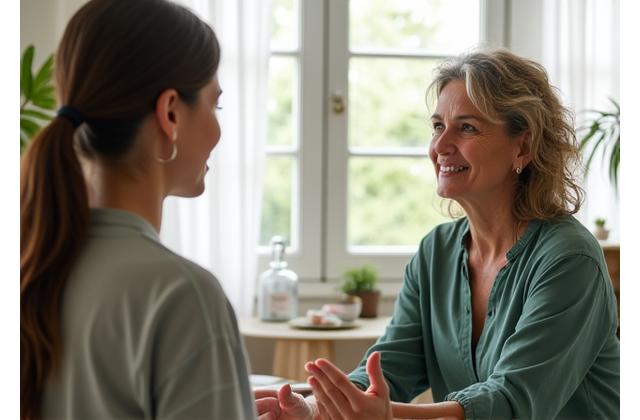 Woman having a one-on-one wellness consultation with an expert, looking engaged.